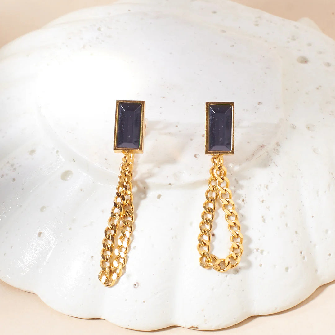 Midnight Elegance Gemstone Gold Earrings